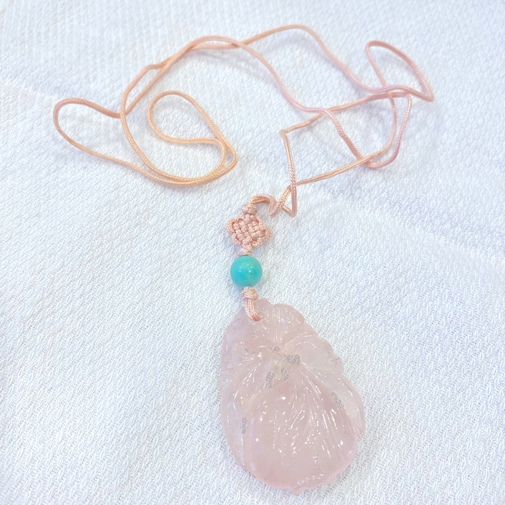 Carved Rose Quartz Necklace with Turquoise Bead VINTAGE